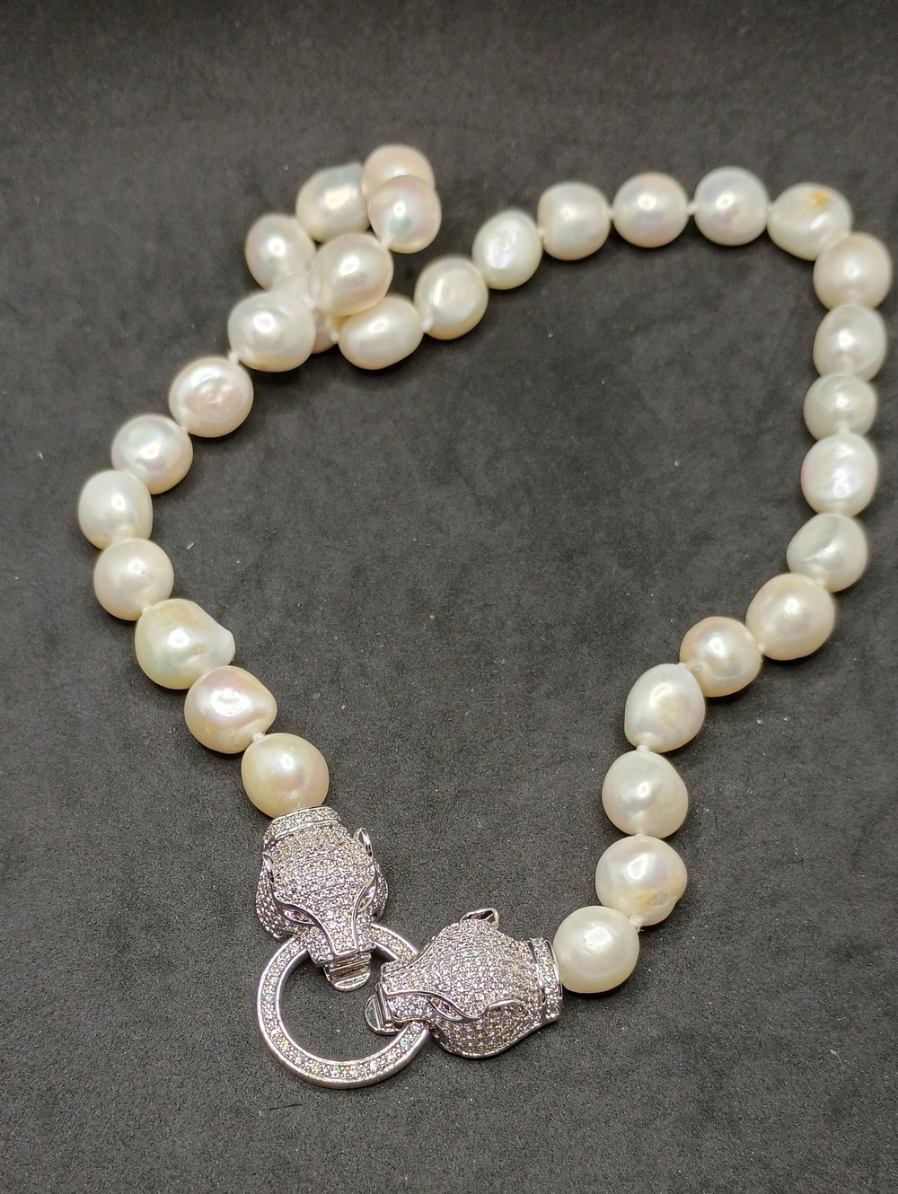 Elegant White Pearl Necklace with Pave Panther Clasp